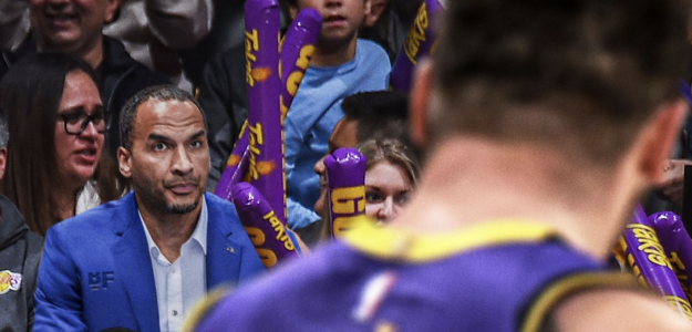 Nico Harrison watching Luka Doncic live in the Mavs-Lakers game.